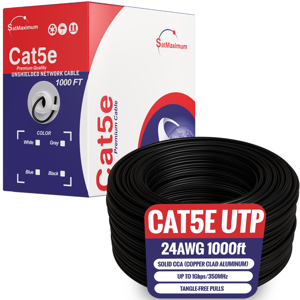 Cat5e 1000ft cable UTP Solid Black LAN Network Ethernet RJ45 Bulk CAT5 24 AWG
