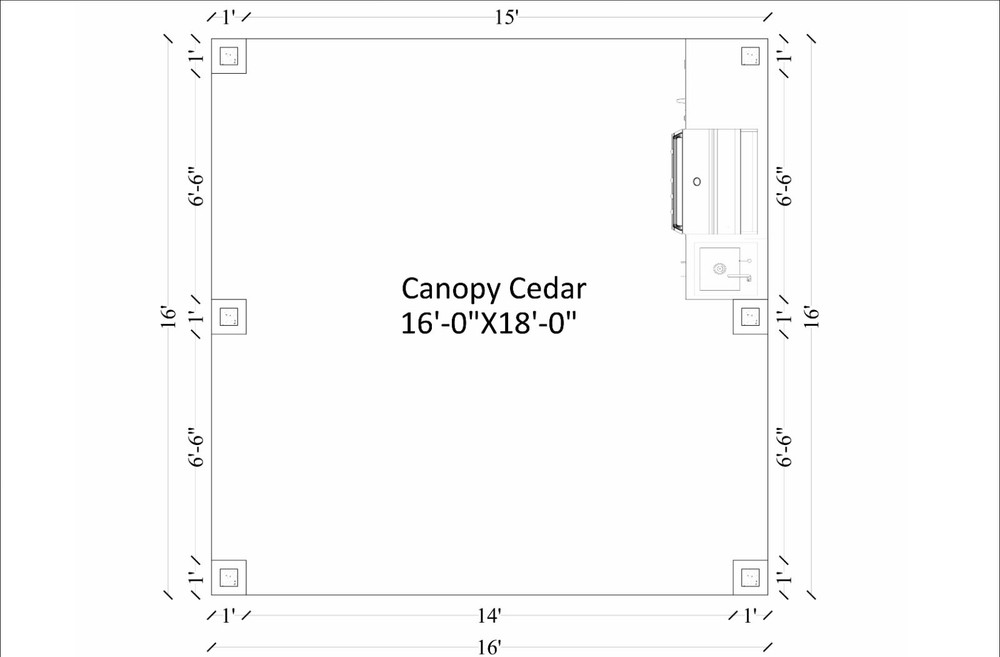 15’x16’ Cedar Canopy DIY Plans – Post Layout, Elevations, 3D Views, Roof Framing