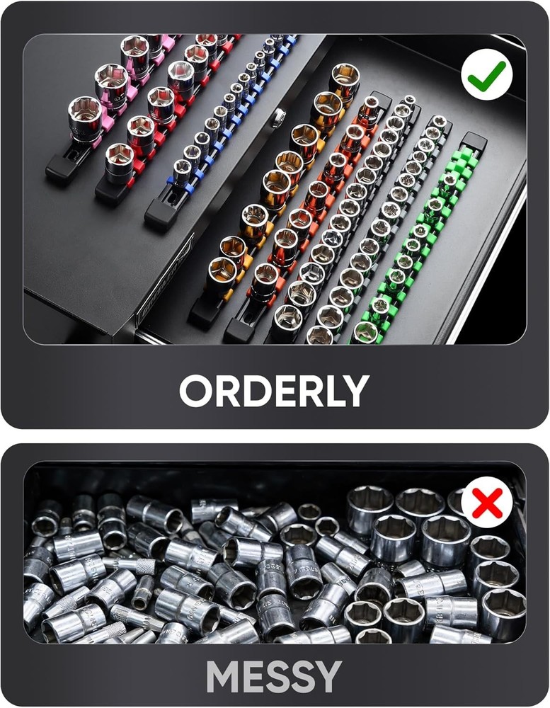 Heavy Duty 3PC ABS Socket Organizer - Holds 45 Sockets with Customizable Rails
