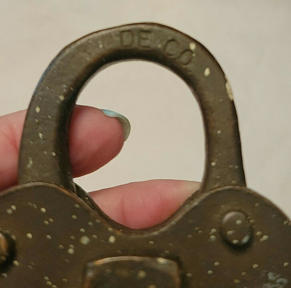 ANTIQUE BRASS HEART SHAPED LOCK DE CO. ENGRAVED