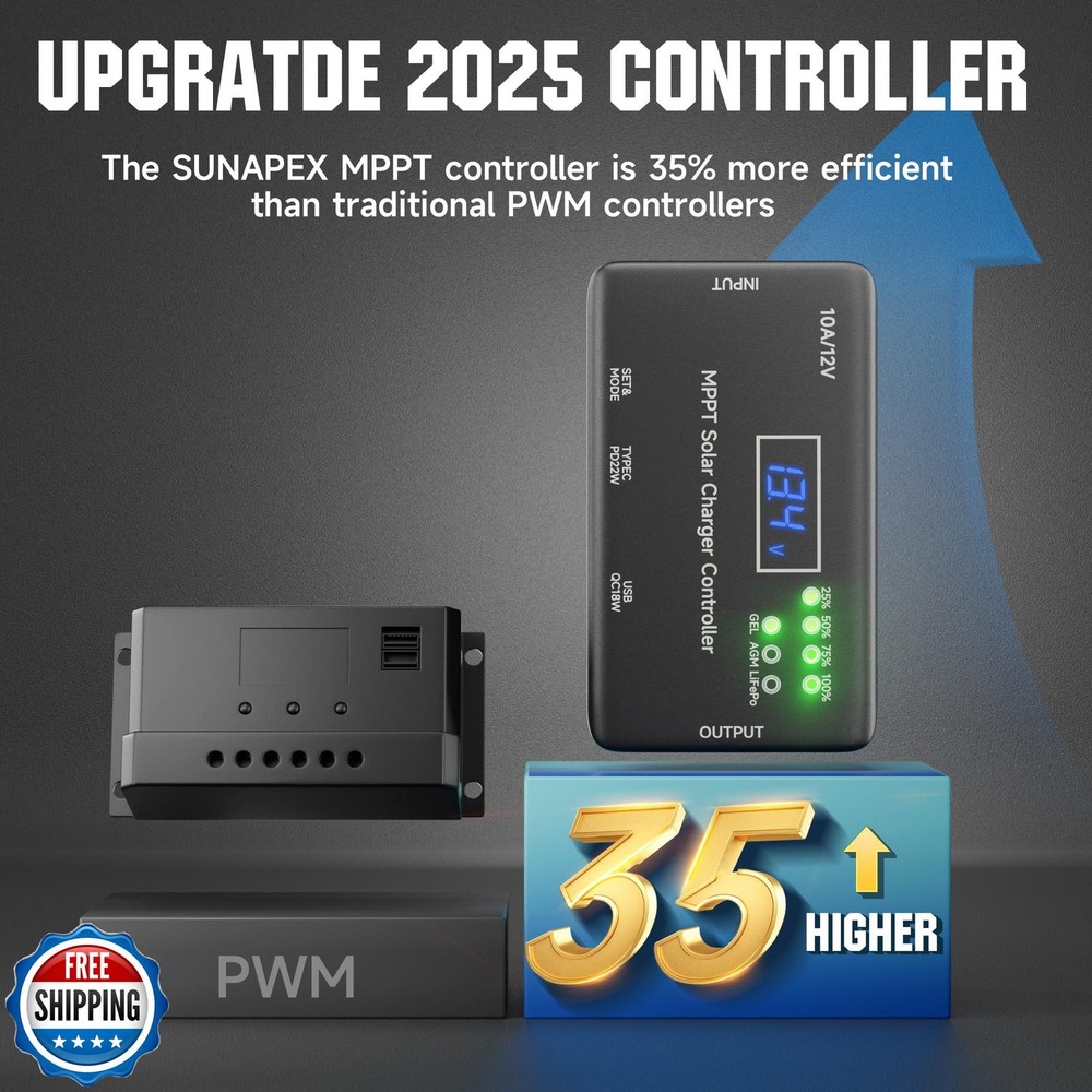 MPPT Solar Charge Controller 12V 10A, Solar Panel Charge Controller with Type