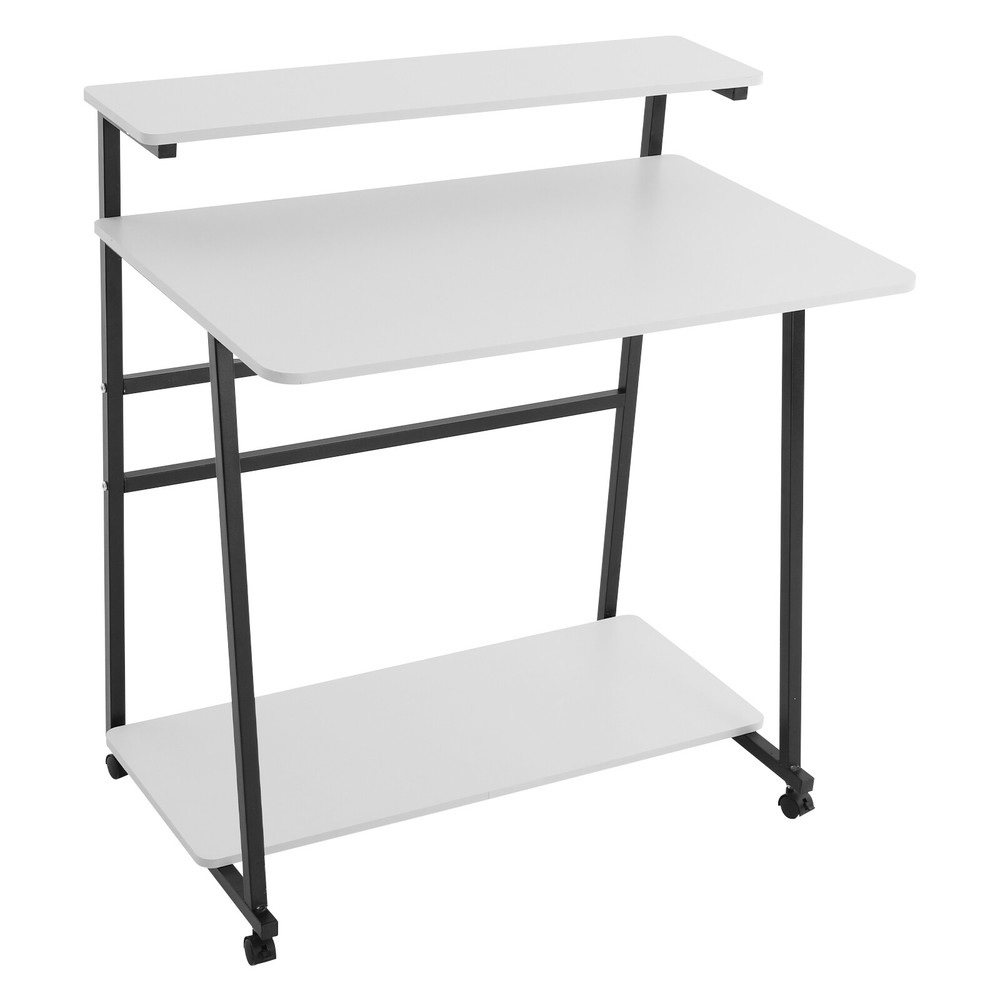 3-tier Computer Desk, Home Office Desk, Rolling Computer Desk, Black, White