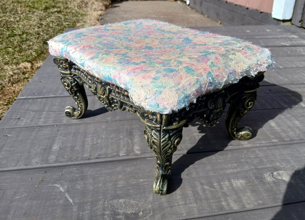 Vintage Upholstered Victorian Foot Stool with Cast Iron Base