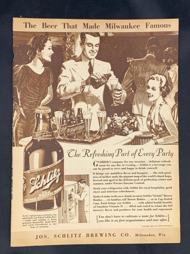 Magazine Ad - 1937 - Schlitz Beer - "Steinies" - (#2)