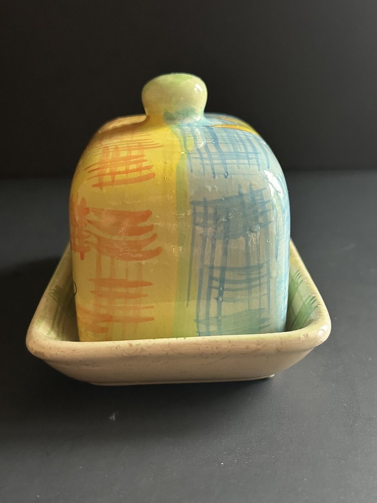 Hand Painted Pottery Covered Butter Dish Multicolor Flower Ceramic Spring Decor