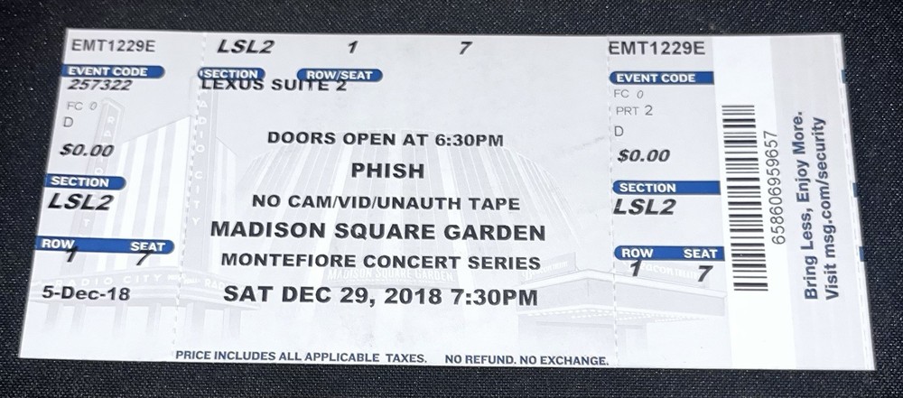 2018 Phish Concert Ticket Stub MSG 12/29/18