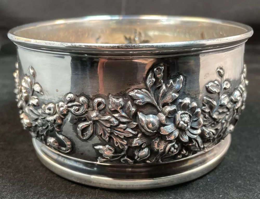 Large American Sterling Silver Wine Coaster Floral Repousse Decorations