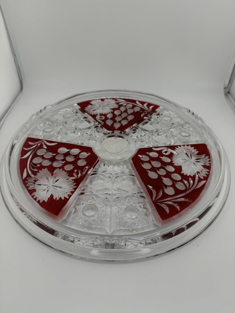 Vintage Ruby Czech Cut Glass Flat Cake Plate Read 12"