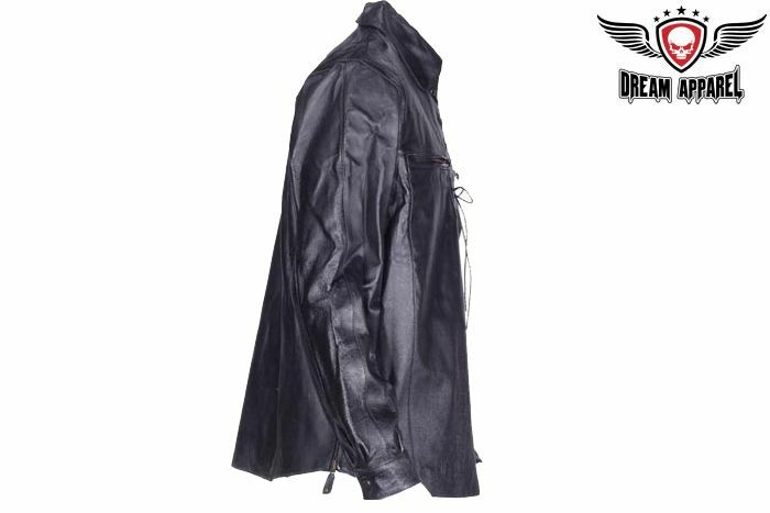 Men's Motorcycle Pullover Collared Leather Shirt with Lacing & Multiple Pockets