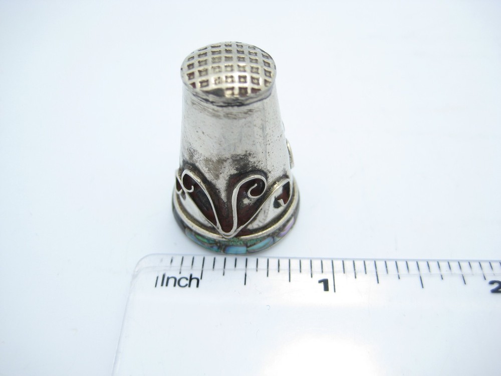 Antique Sterling Silver Sewing Thimble Abalone Inlay Wave Design