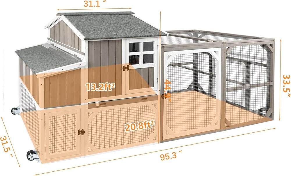 Petscosset 95.3" Mobile Chicken Coop Tractor Hen House with Nesting Box