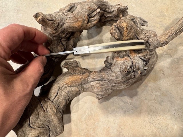 Big Damascus folding blade knife w/ white bone handle