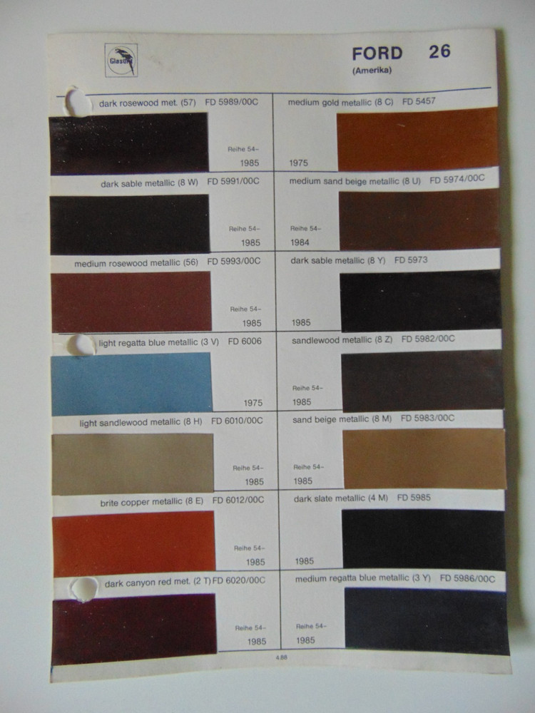 Original Glasurit Ford (US) Paint Chips Sheet - 1975-1985