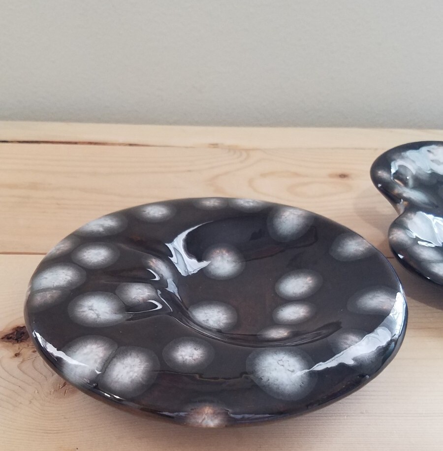 Vintage Glazed Ceramic Mcm Ashtray Set Signed J.