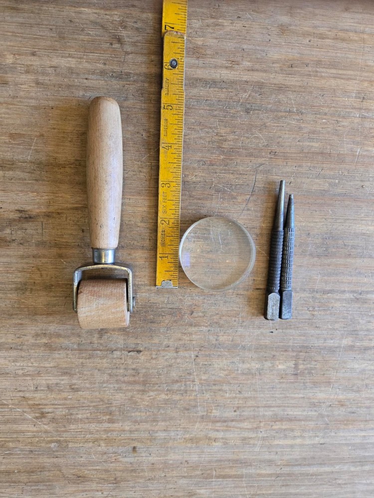 Vintage Small Tool- Punches- Roller + Magnifying Lens - Tool lot