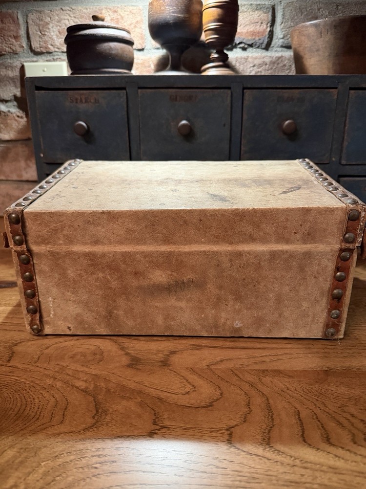 Labeled 19th C. Hide Covered Document Box Leather Trunk Brass Studded 12” L