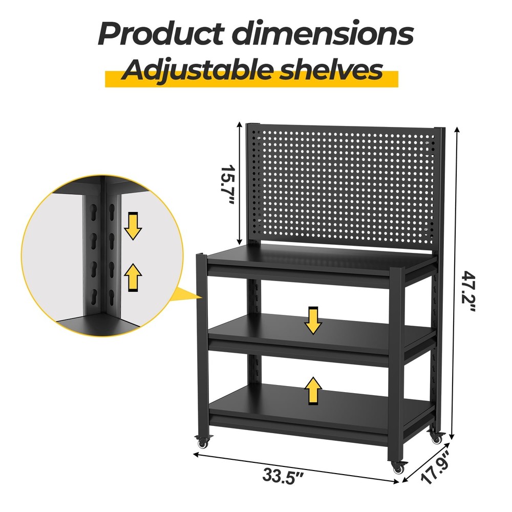 Heavy Duty Garage Workbench w Pegboard Wheels Adjustable Tool Table