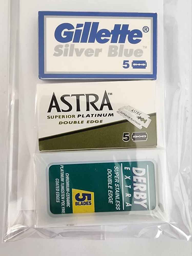 15 Double Edge Razor Blade Sampler Pack - Gillette Silver Blue, Astra, Derby DE