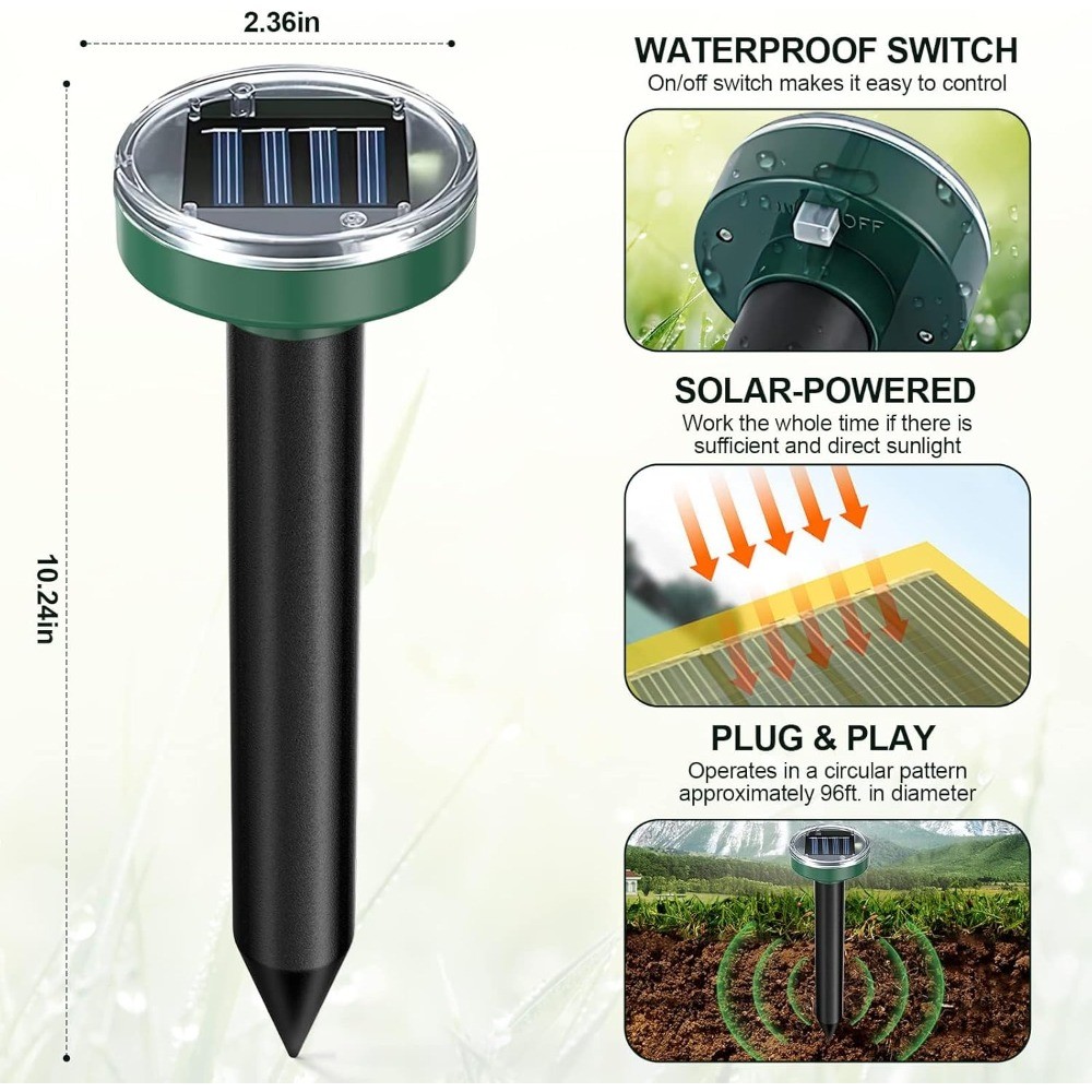 8 Pack Solar Mole Repeller, Ultrasonic Snake Gopher Deterrent Spikes for Yard