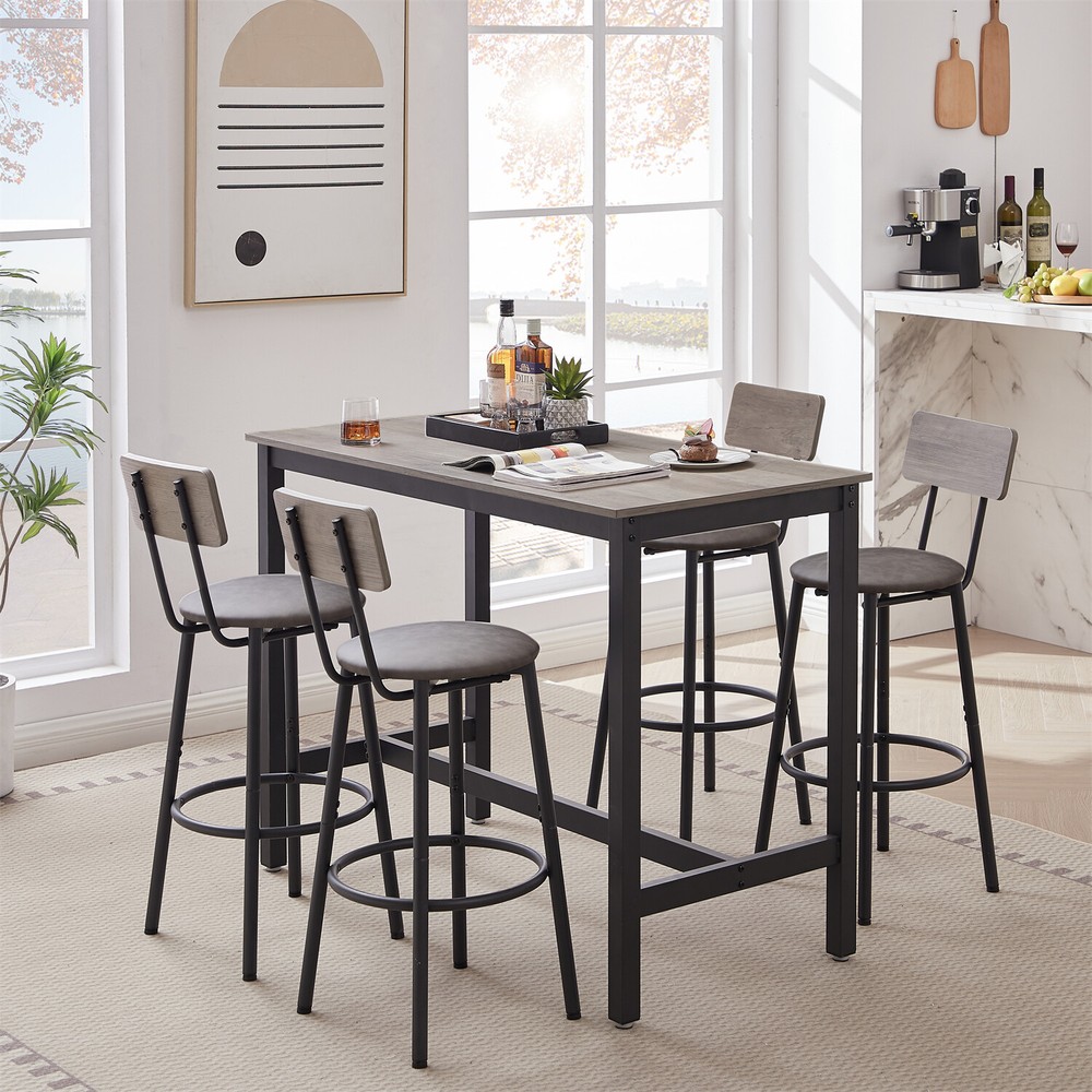 5 Piece Bar Table Set Counter Height Kitchen Pub Table w/ 4 Bar Stools Grey
