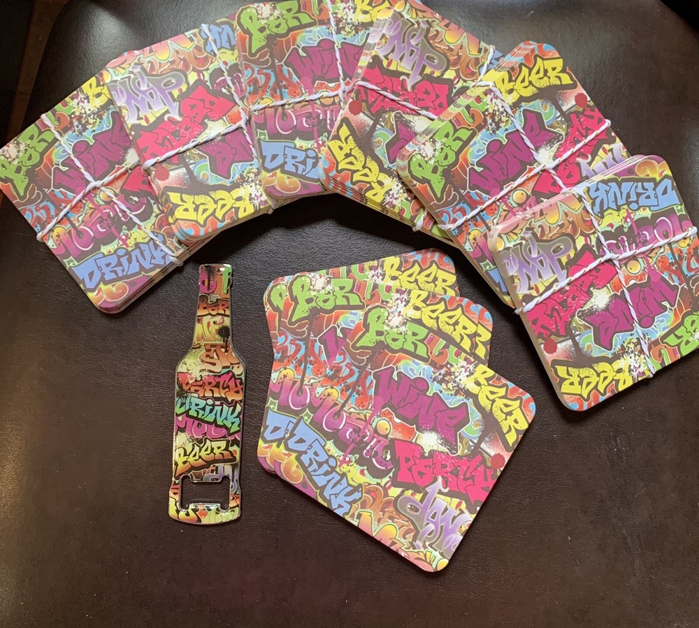 70 graffiti party coasters and matching bottle opener
