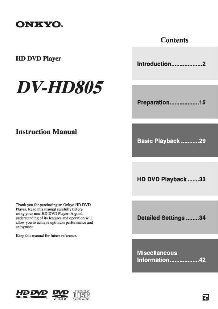 Onkyo DV-HD805 DVD Player Owners Manual