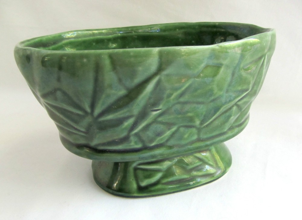 Vintage Art Pottery Footed Green Planter Vase - Geometric Pattern - NICE!