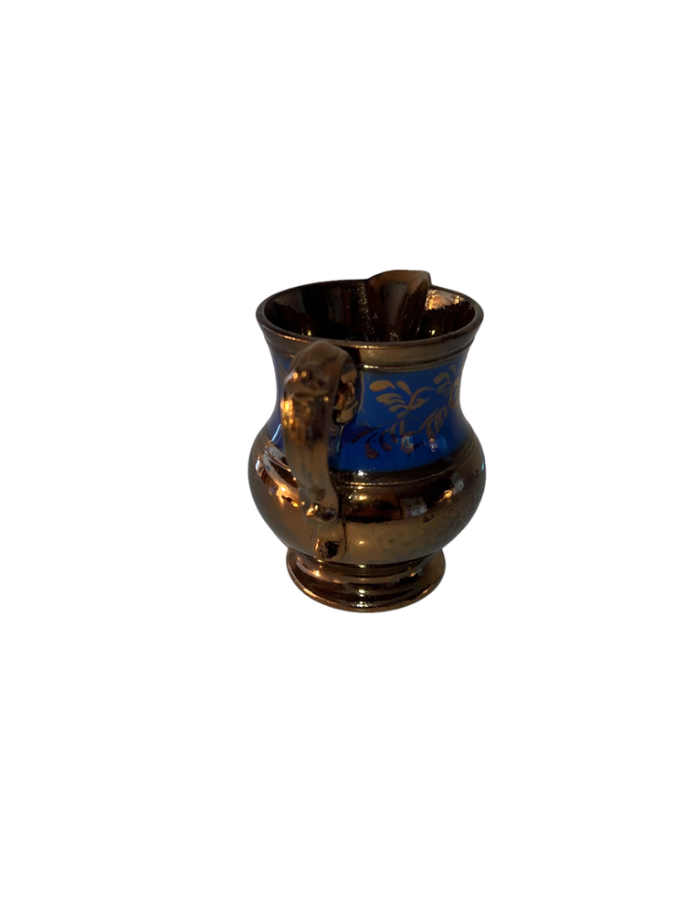 Small Ceramic Gold Metallic and Blue Pitcher Floral Design