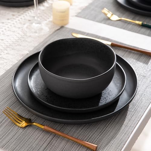 Ceramic Dinnerware Sets, Wavy Rim Stoneware Service for 6 Matte Speckled Black