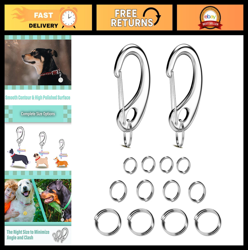 Pet ID Tag Quick Clip & Spring-Load Hook Combo - 2 Large Tags + Split Rings