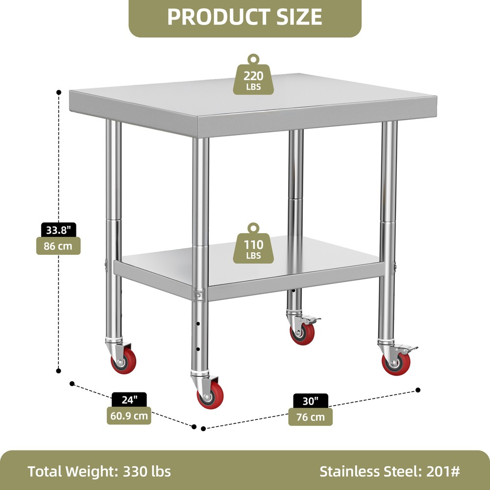 30"x24" Rolling Kitchen Work Table Stainless Steel Double Shelf Lockable Wheels