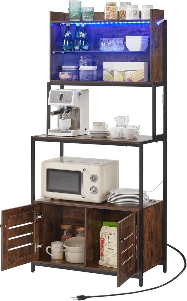Bakers Rack Power Outlet, 6-Tier Microwave Stand with Storage, Standing Kitchen