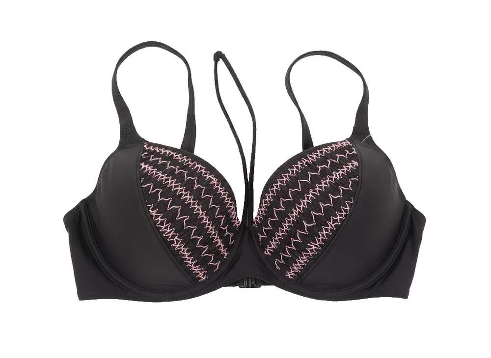 Black & Pink Embroidered Underwire Bikini Top - Size 36E - Front Clasp Design