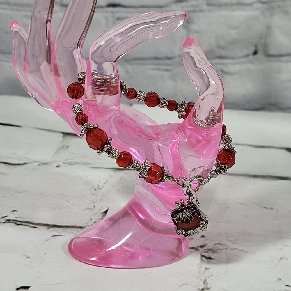 Beaded Bracelet with Locket Charm Red and Silver Tone