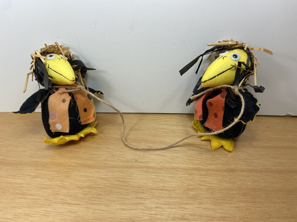 Stuffed Black Crows with Straw Hats Whimsical Fall Decoration halloween