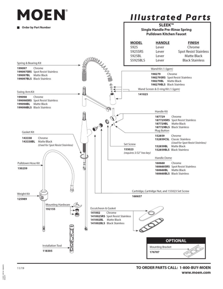 Moen 5925BL Sleek Matte Black 1-Handle Pre-Rinse Spring Pulldown Kitchen Faucet