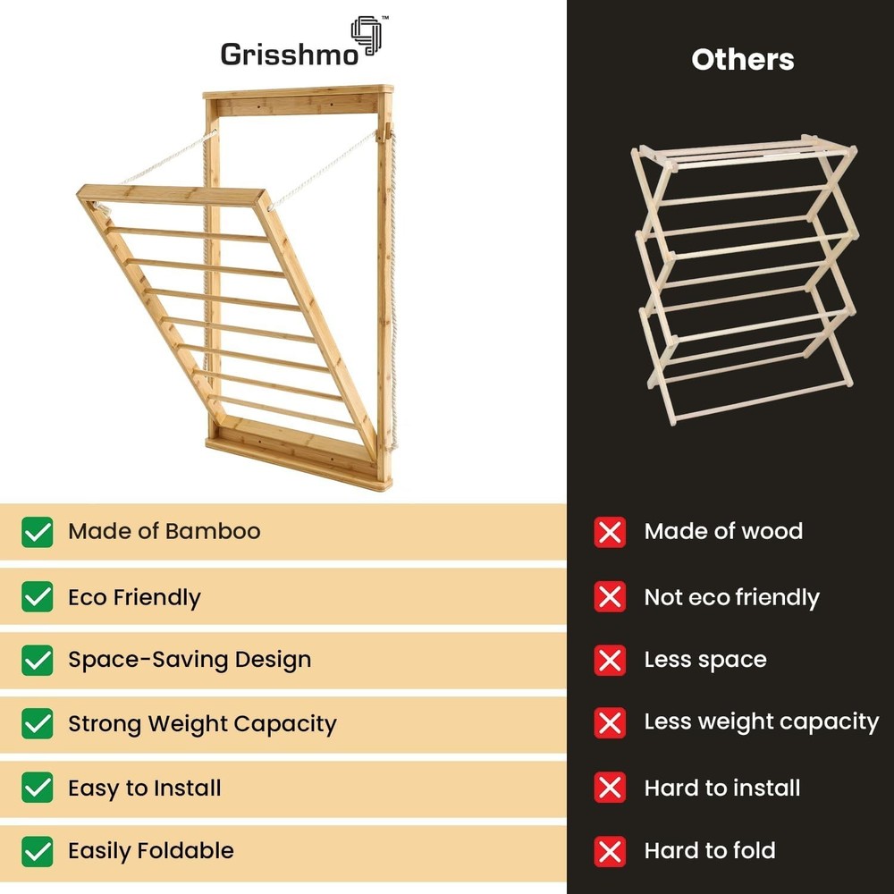 Wall Mounted Bamboo Clothes Drying Rack 23"x40" Foldable Laundry Organizer