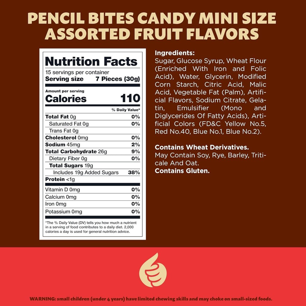 Pencil Bites Gummy Candy 1-Pound Pack, Assorted Fruit Flavors, Mini Size