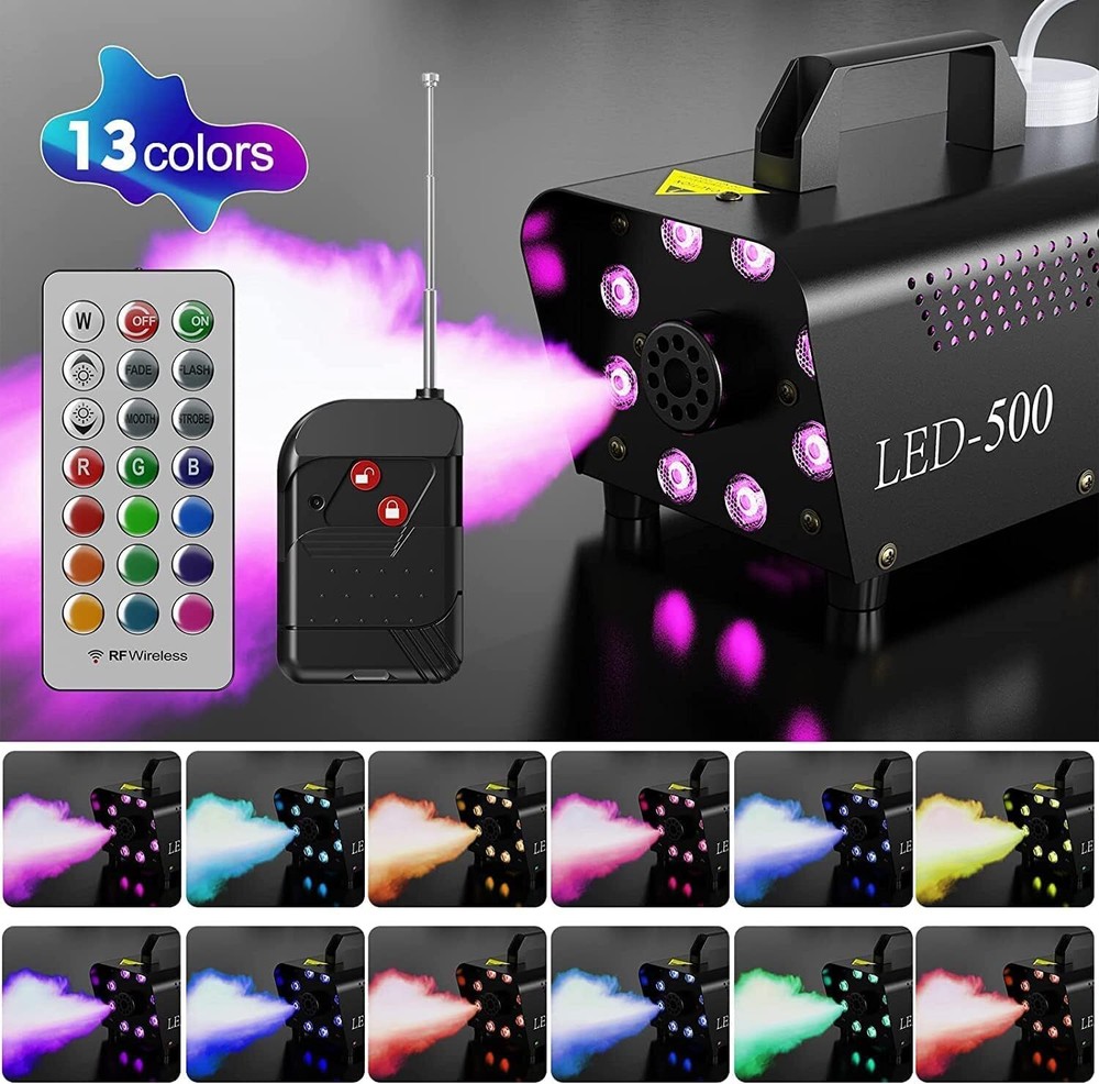 Fog Machine 12 Color 8 LEDs 500W 2000CFM Wireless Remote Controls Smoke Machine
