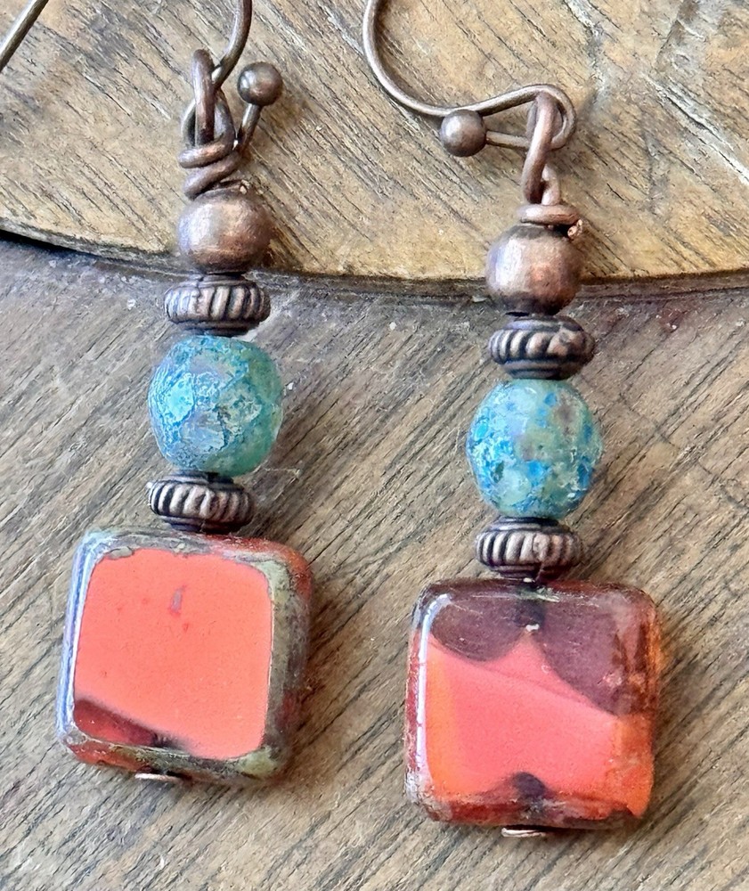 Copper, Rustic Coral and Teal Dangle Earrings.