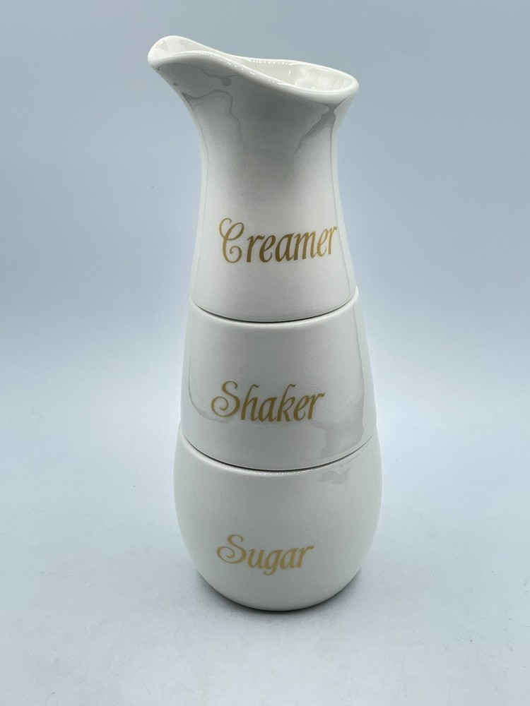 Avon White Stackable Creamer Shaker Sugar 3pc Ceramic Set
