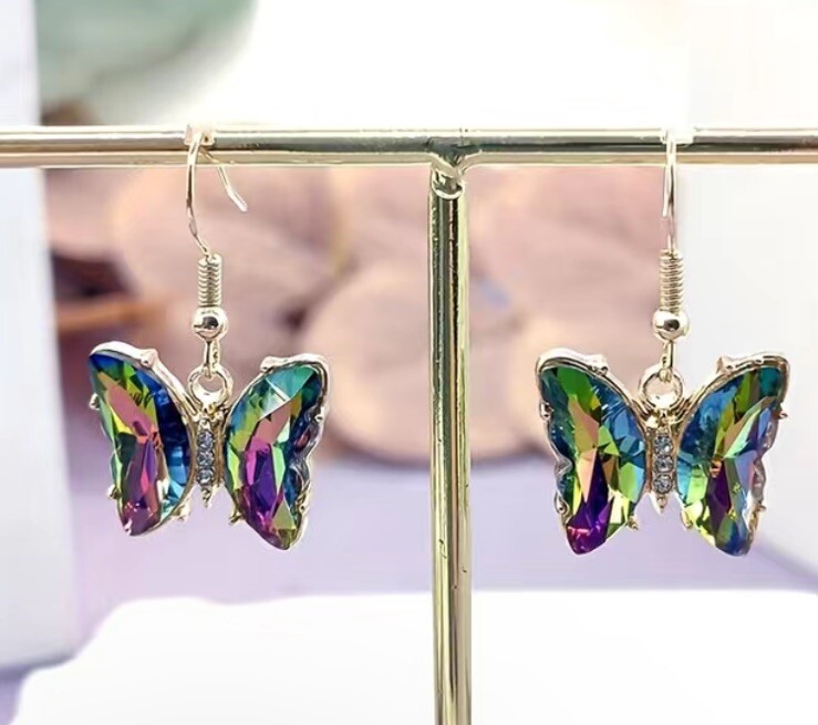 Rainbow Glass Butterfly Dangle Earrings
