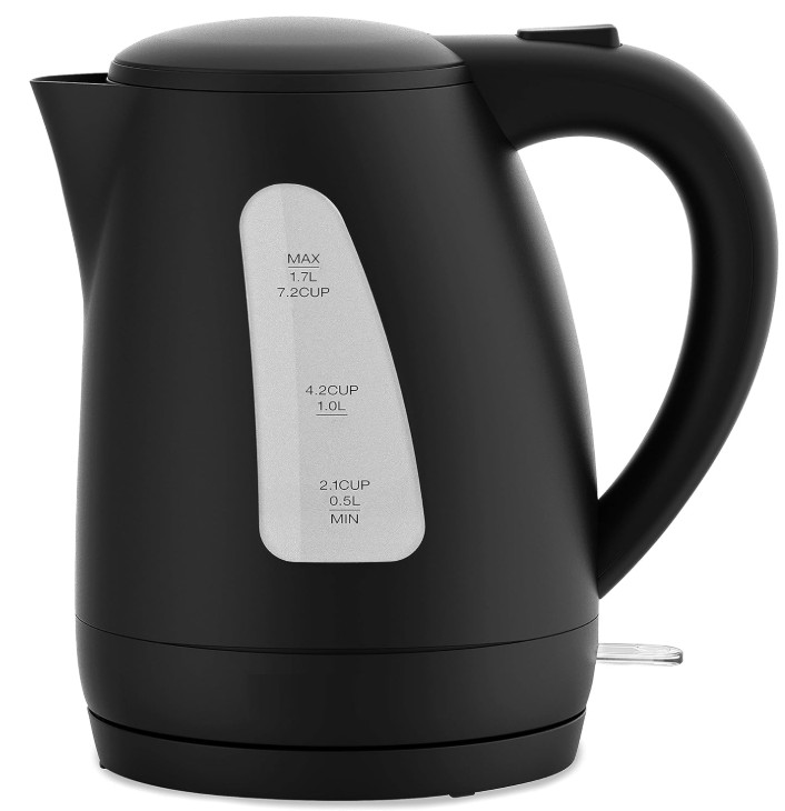 Hervidor 1,7 L 1500W negro, rápido, con ventana y auto apagado.