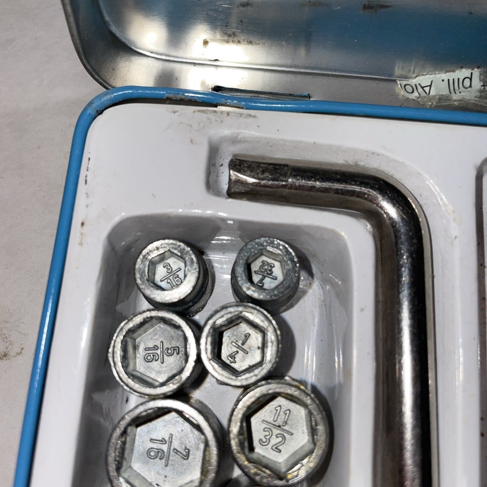 Vintage Tin Pocket Tool Kit Metal Blue Sockets & Screwdriver