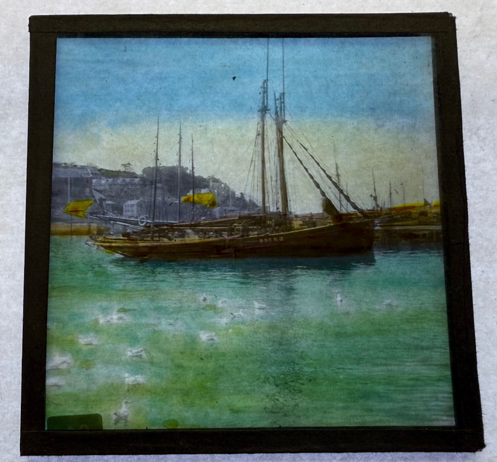 MAGIC LANTERN SLIDE COLOR SHIP IN HARBOR BRITISH? 1890s