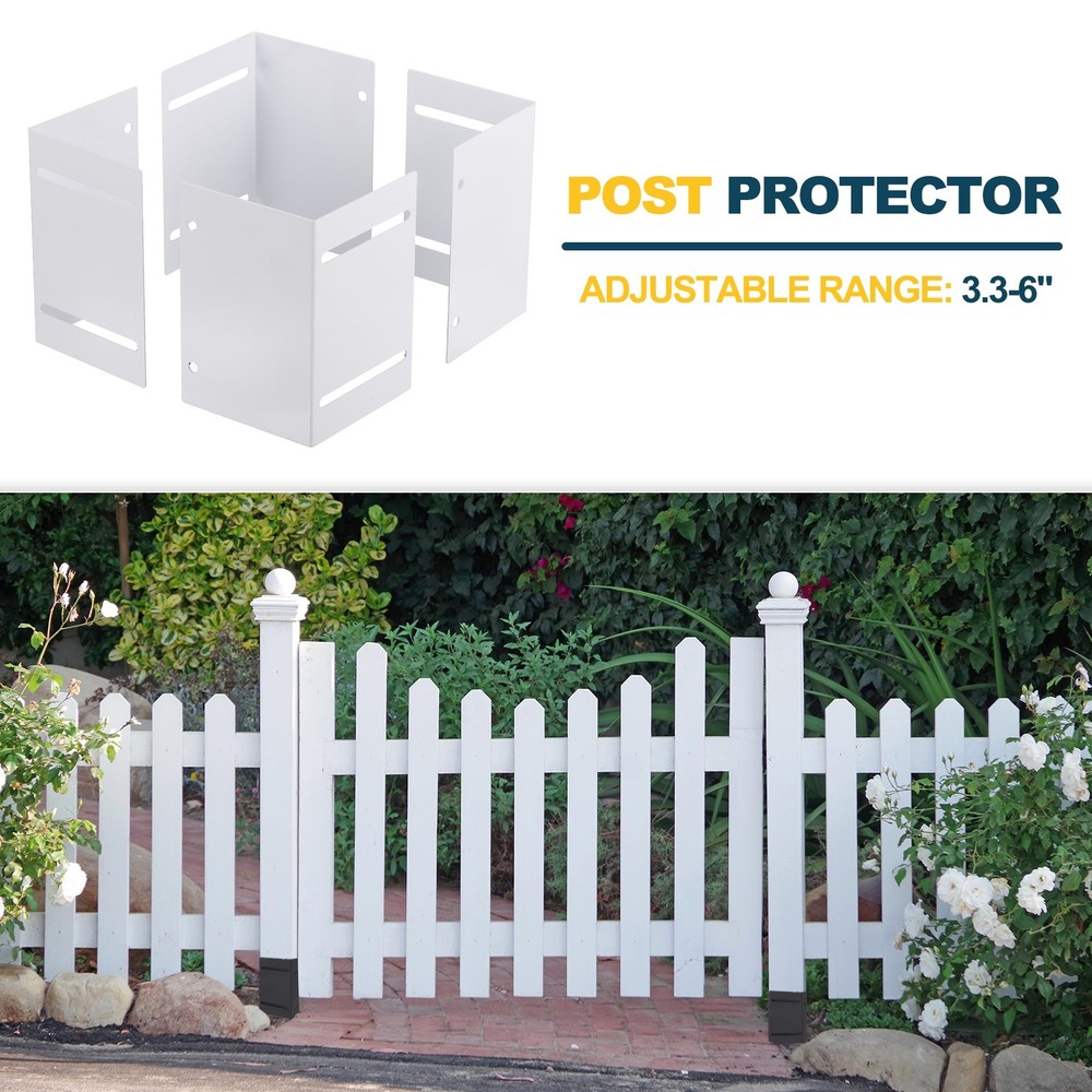 2 Pack Carbon Steel Adjustable Post Protector (Range 3.3"-6") for Fence, White
