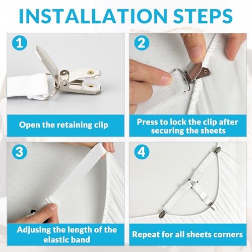 Bed Sheet Straps, 4-Pack Adjustable Bed Sheet Clips - Easy Install 4 Pack White