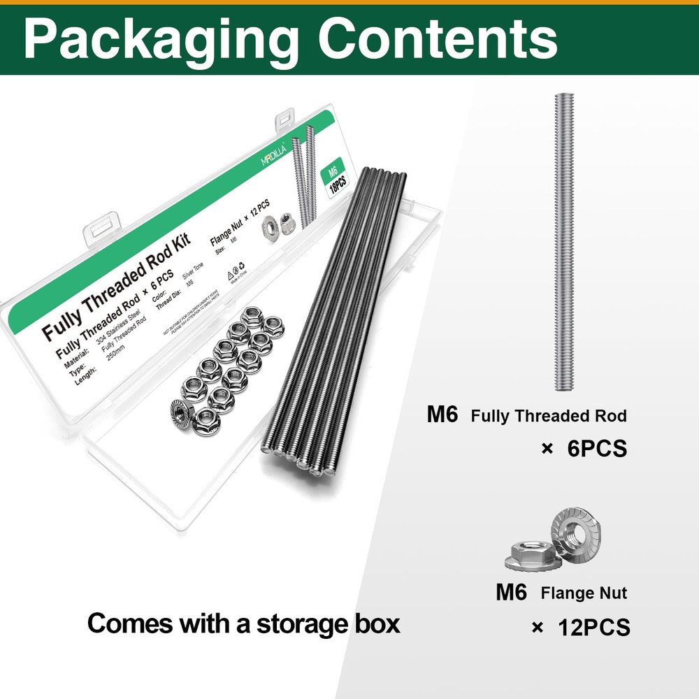 M6-1.0x250mm Fully Threaded Rod Studs, 304 Stainless Hand Threads, 6 Pack