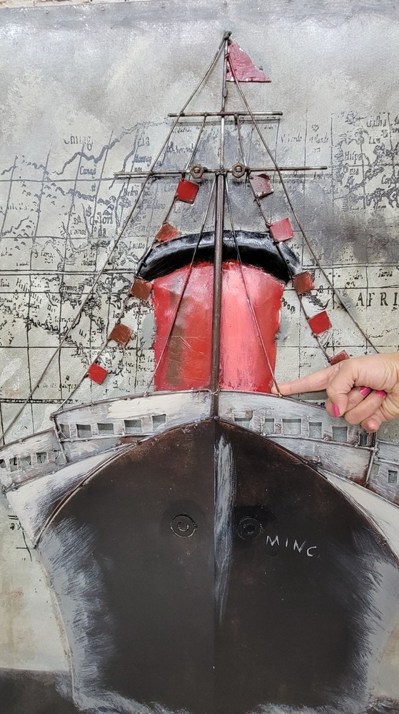 "Black Ship" Mixed Media Iron Hand Painted Dimensional Wall Art