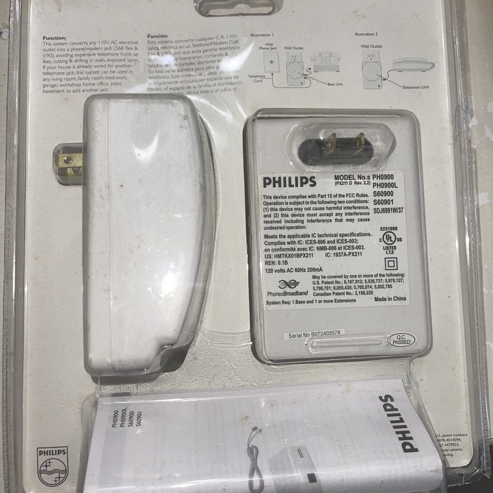 Philips PH0900 Wireless Phone Modem Jack System For AC Outlet Plug-in Sealed